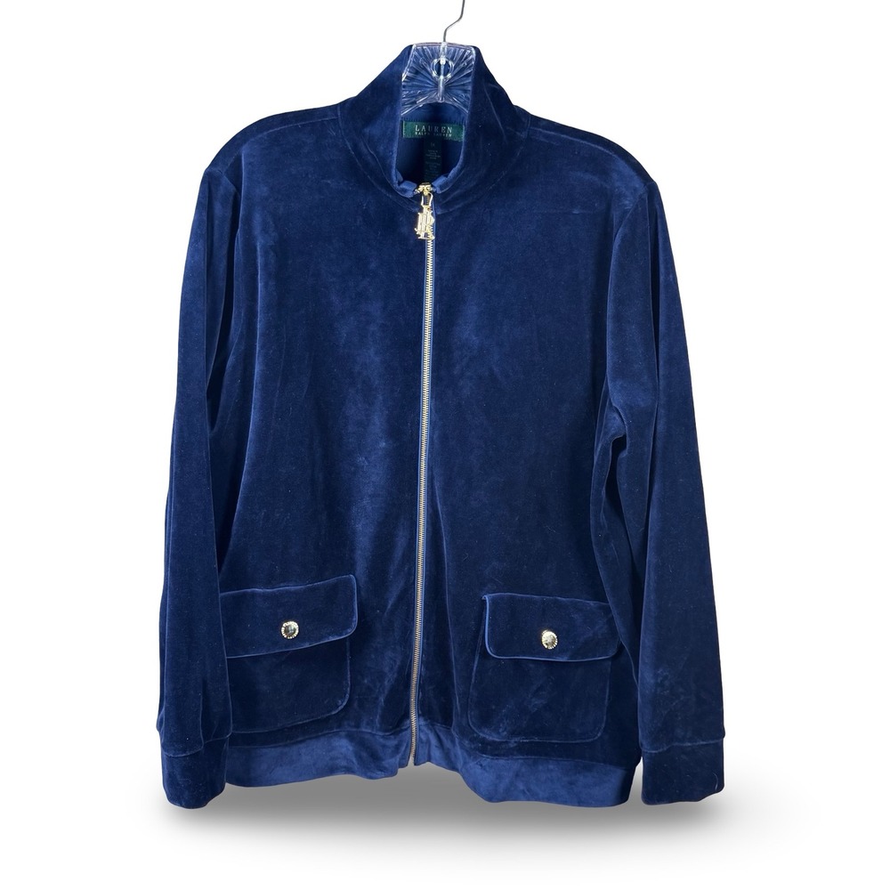 Lauren Ralph Lauren Velour Plus Size Track Jacket 1X Navy Blue Gold Zip Monogram